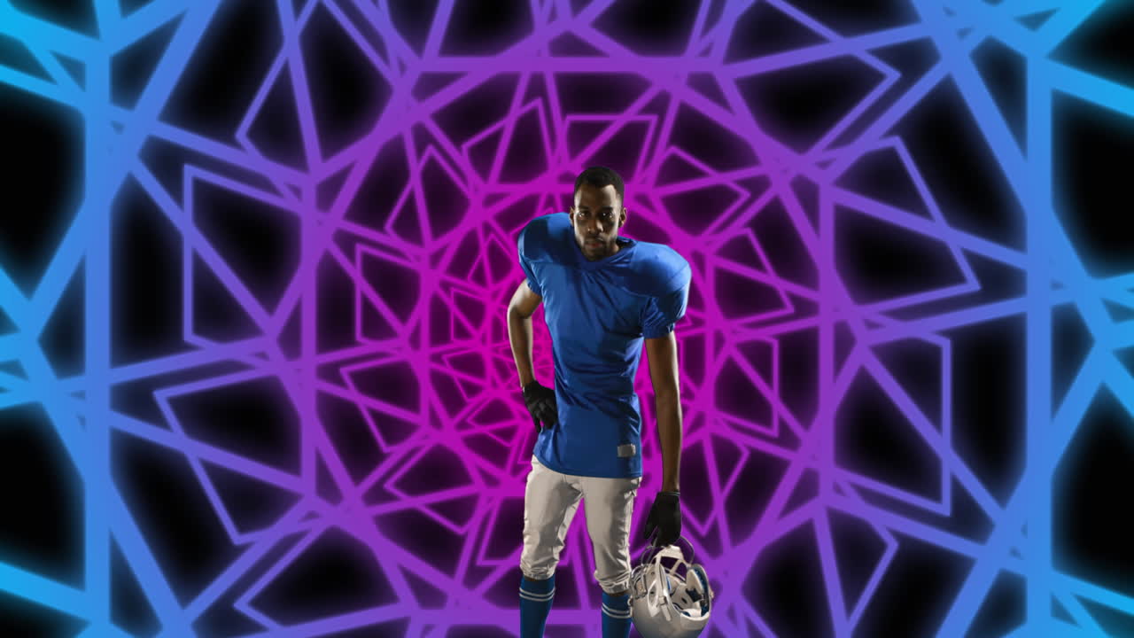 animación de un jugador de fútbol americano afroamericano con casco sobre formas