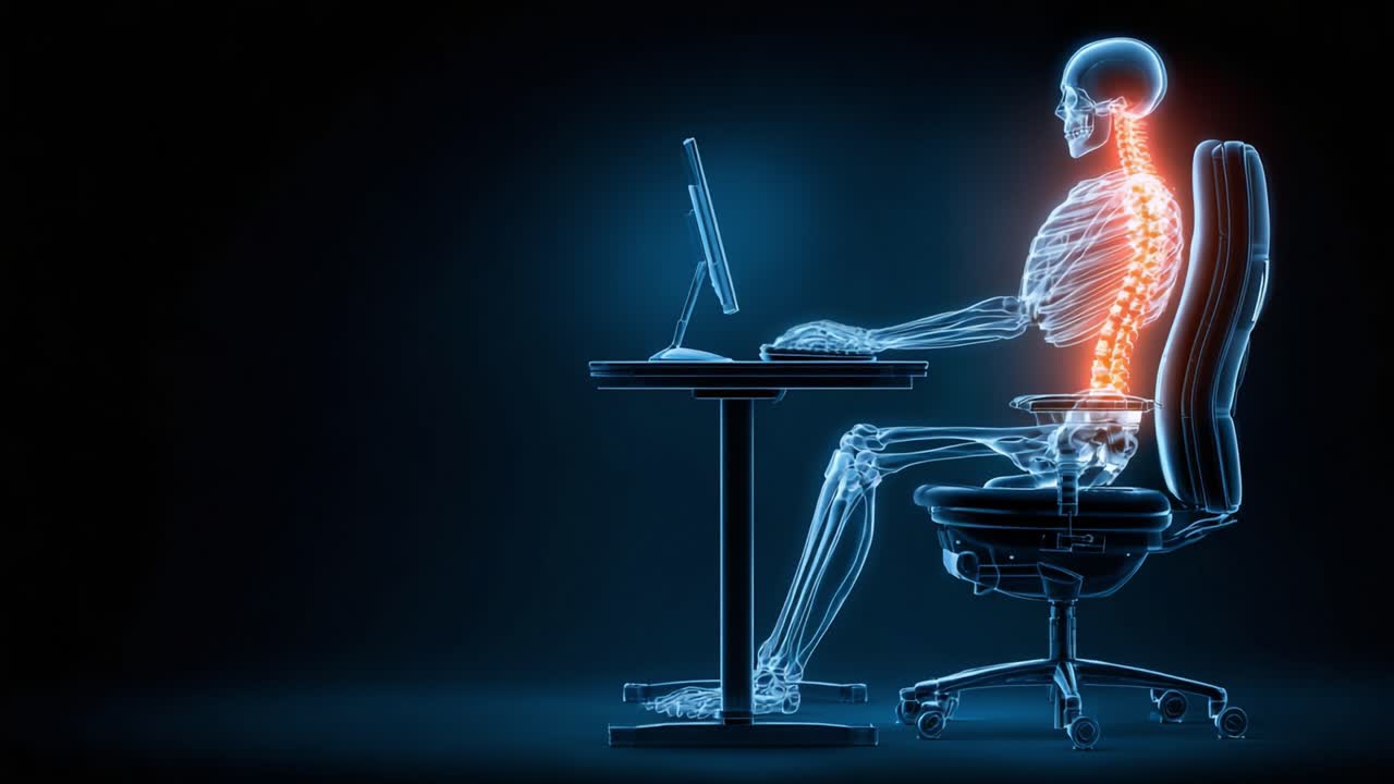 Anatomisk visualisering af et skelet, der arbejder ved et computerbord, fremhæver holdning og rygsøjlens justering i et neon-oplyst miljø.