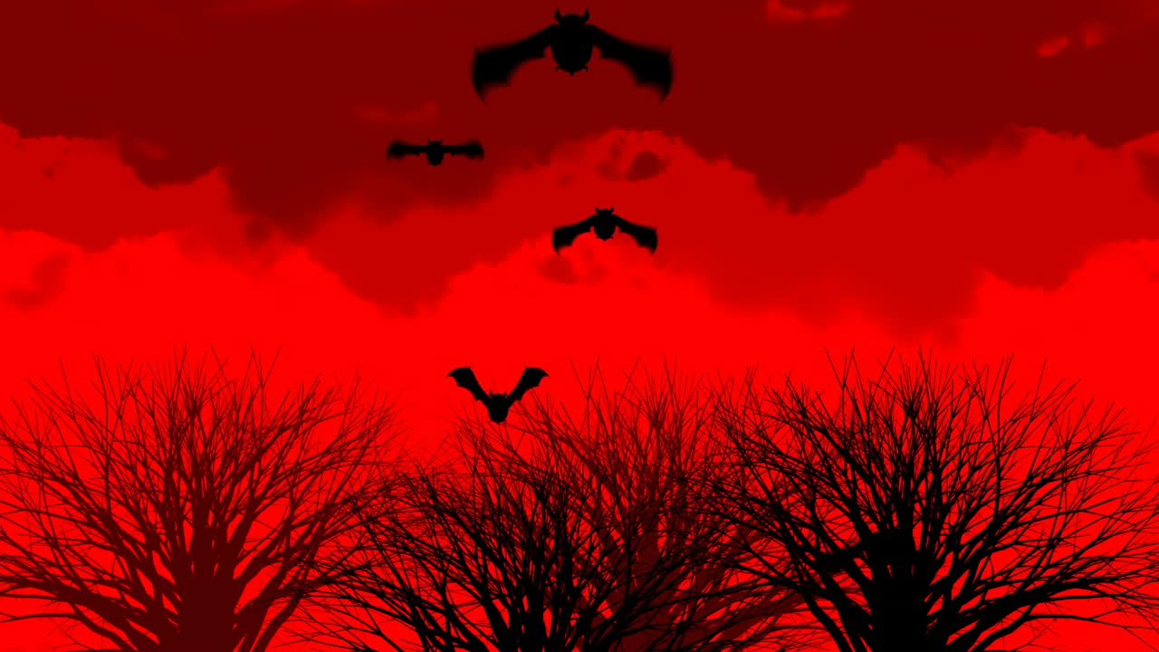 murciélagos voladores y árboles sin hojas sobre el cielo rojo, creando una escena de animación espeluznante