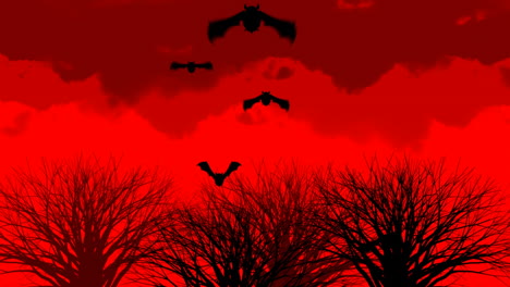 flying bats and leafless trees over red sky, creating spooky animation scene