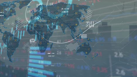 Animation-of-financial-data-processing-over-world-map-and-cityscape