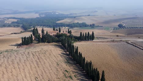 Smooth-aerial-top-view-flight-morning-fog-Tuscany-valley-Italy-fall-23