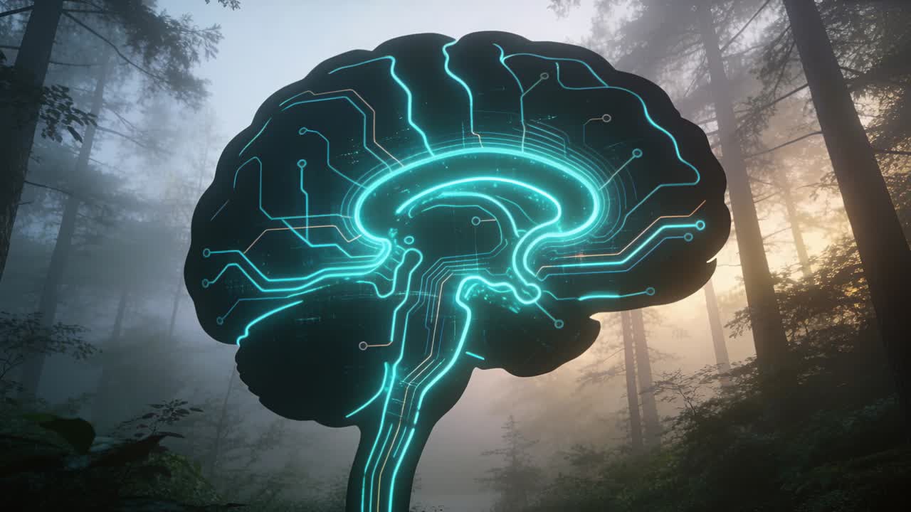 Video verticale: un cervello luminoso con tracce ciano pulsa in una foresta nebbiosa mentre il sole basso emerge a destra.