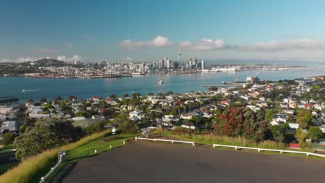 slowmo - aerial shot from mount victoria of auckland skyline with sky tower, new zealand