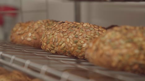 Freshly-baked-seed-bread-on-shelf,-establisher