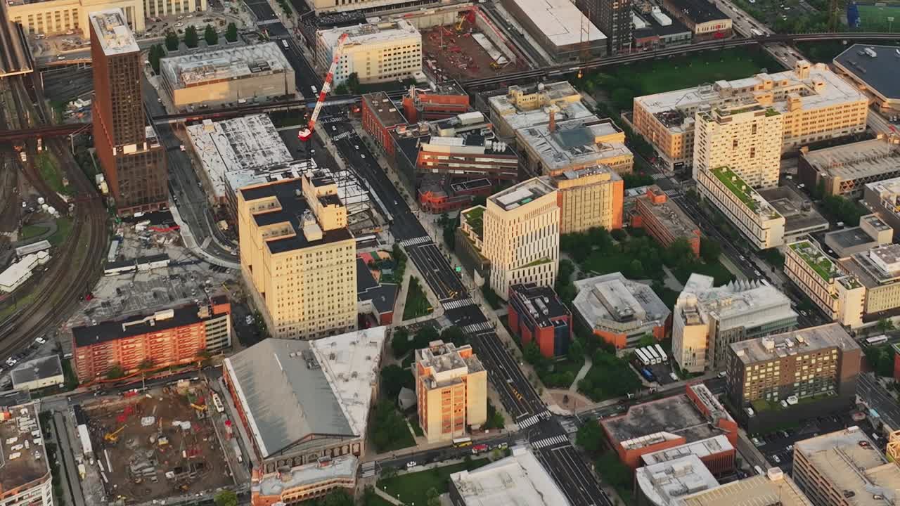 Drone view of Philadelphia showcasing urban landscape and activity