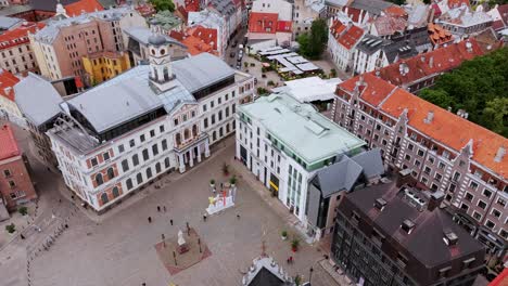 cinematic retreat from riga's town hall showing full square in cloudy daylight