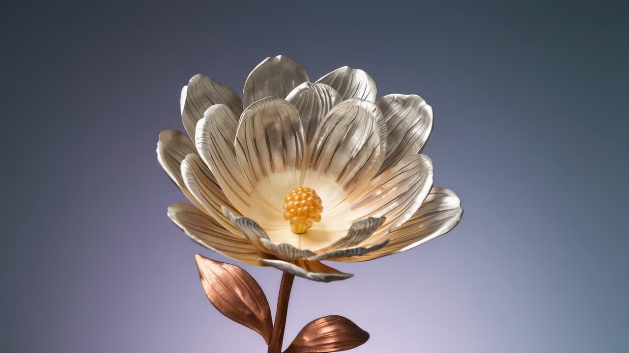 Moving camera closer upward in studio, showcasing metal bloom with copper leaves and yellow center