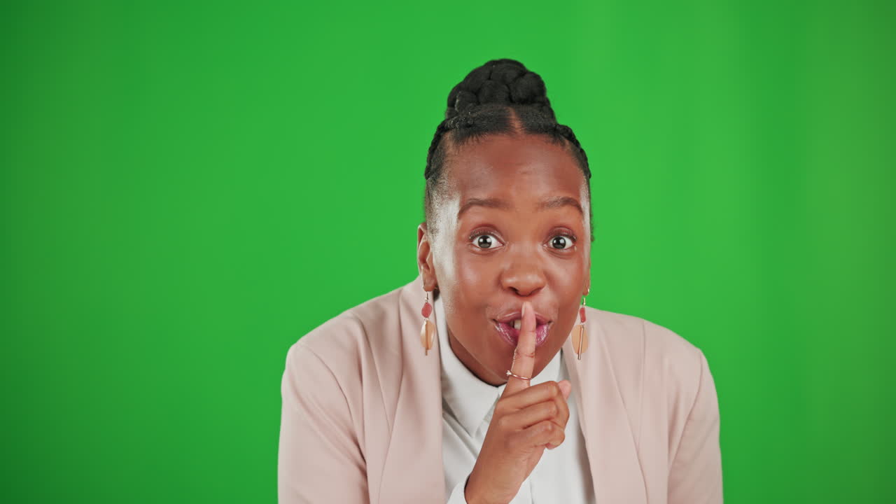 Secret, surprise and face of happy woman on green