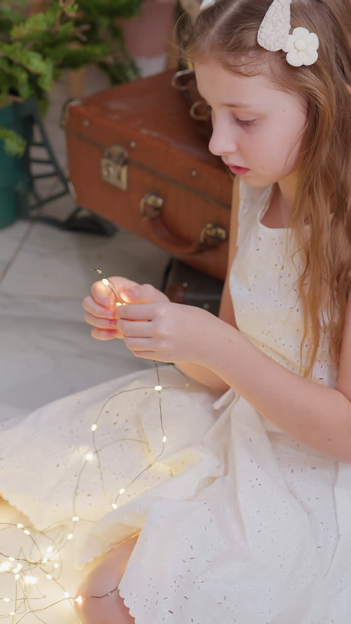 Caucasian girl threading glowing lights near potted plants and vintage trunk, white dress draped over knees, soft golden illumination creating intimate mood frames shift between daydreaming princess
