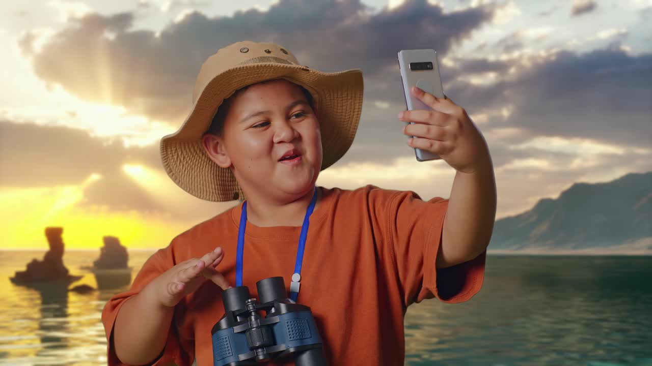 帽子と双眼鏡をかけ、ビーチでスマートフォンを使ってビデオ通話をしているアジアの少年。何かを調べている少年研究者、旅行の冒険、クローズアップ。