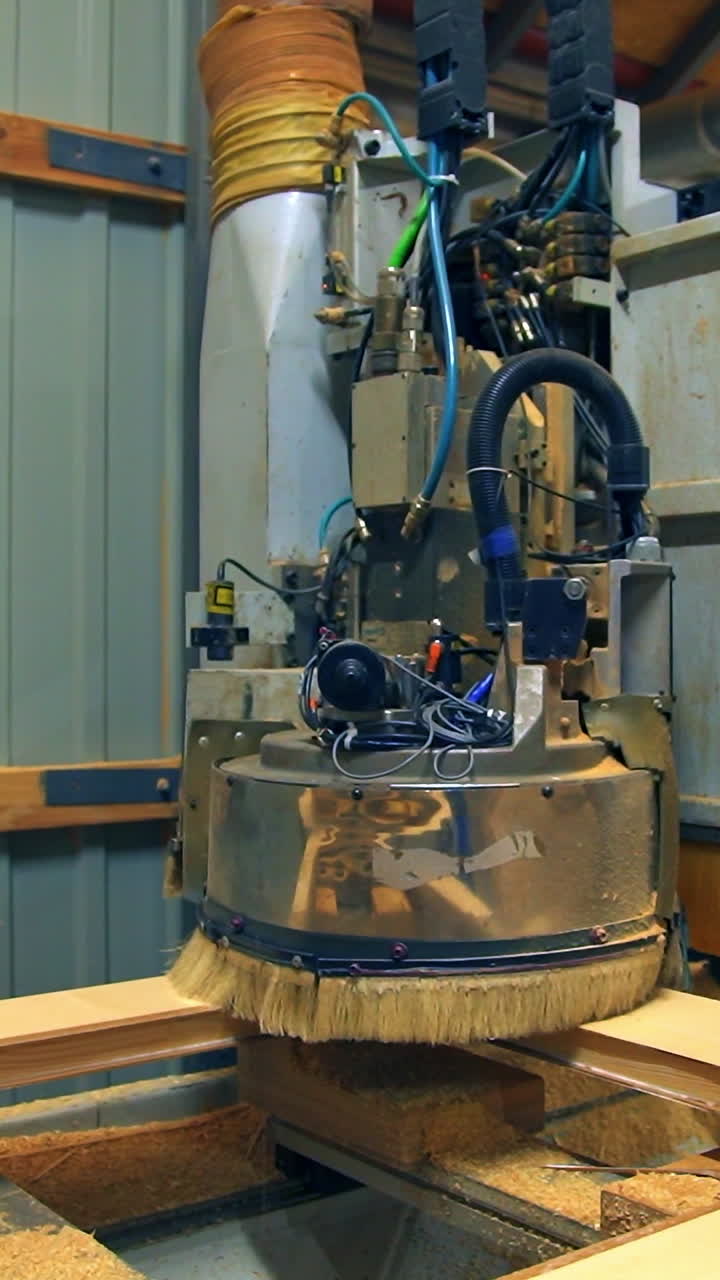 Wooden door manufacturing. Special equipment moving over the timber door billet. Close up. Vertical video