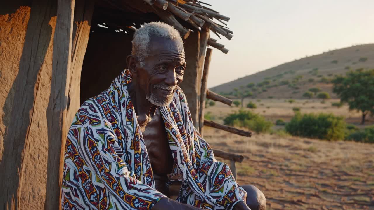 A serene video still of an elderly man in colorful attire, sitting outside a rustic hut