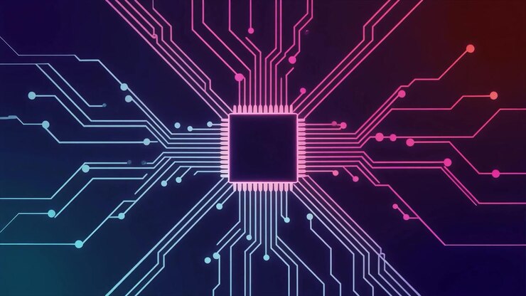 Processore microchip digitale con connessioni luminose della scheda elettronica