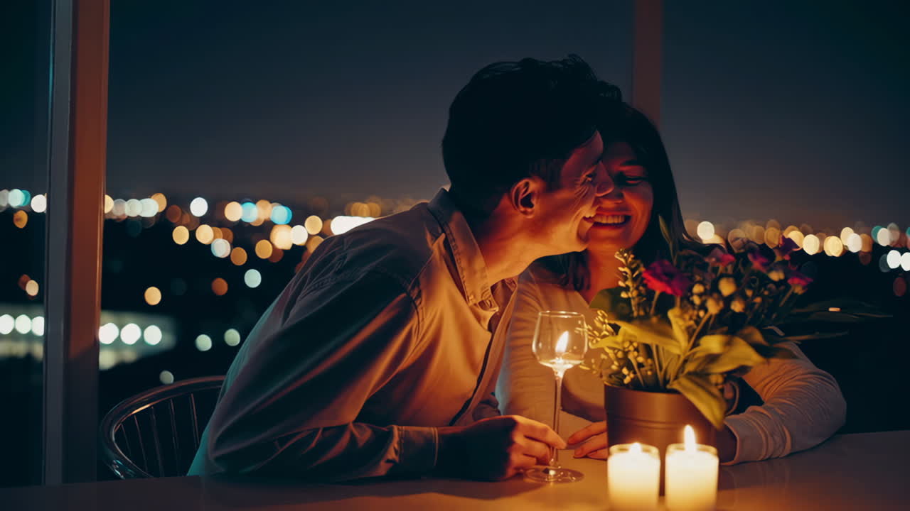 Romantic Couple on a Rooftop Dinner Date
