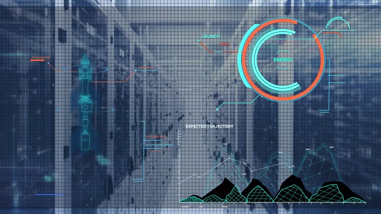 Animation of interface with data processing and mosaic squares against computer server room