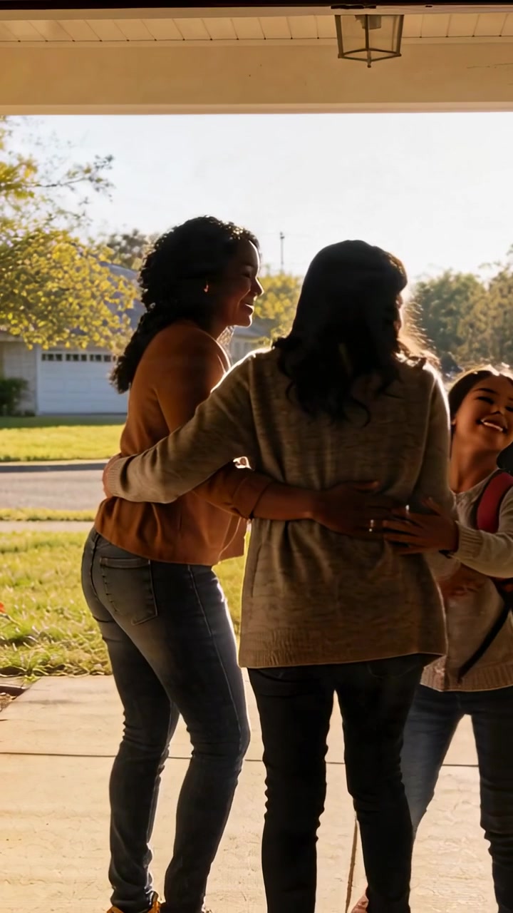 Vídeo vertical: Acenando, duas mulheres de suéteres e jeans saindo da varanda, abraçando uma criança correndo.