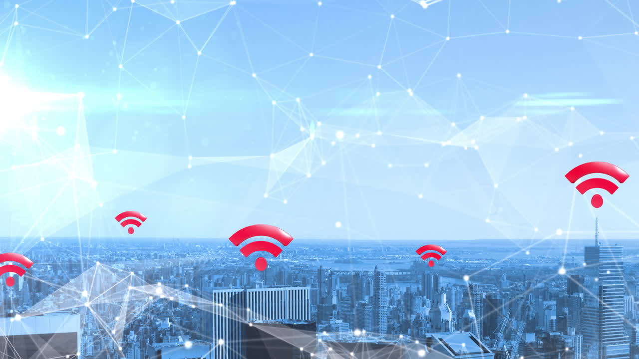 animación de múltiples símbolos wifi rojos sobre la red de conexiones y el paisaje urbano