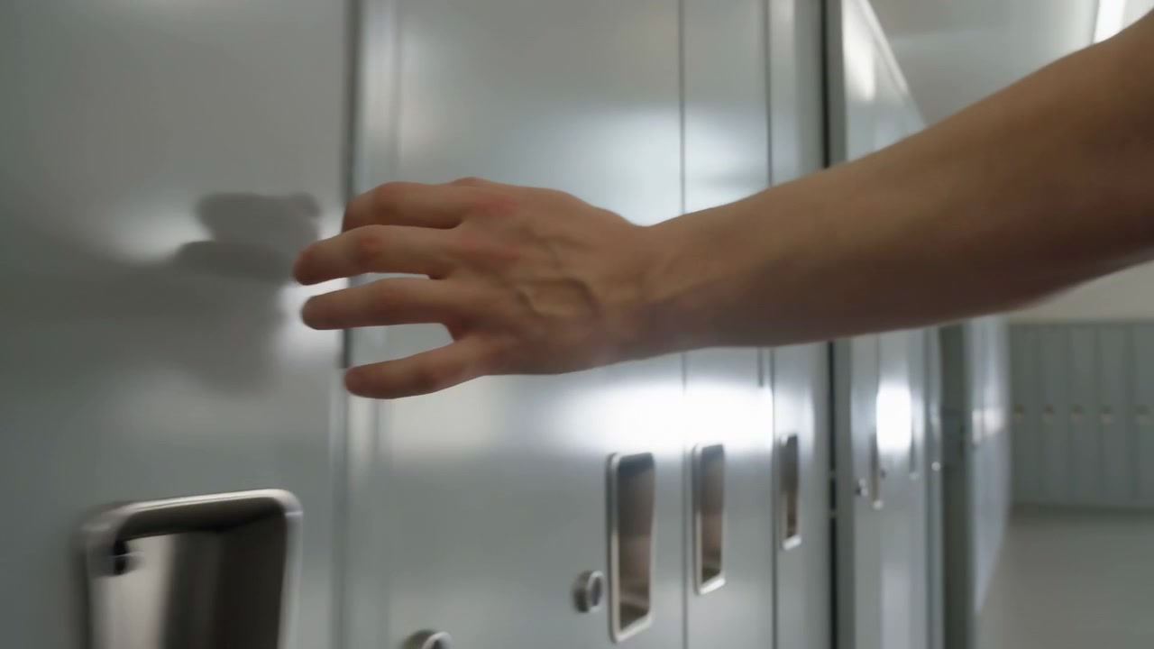 Mano umana nuda si libra vicino alla maniglia di un armadietto in un corridoio luminoso fiancheggiato da porte metalliche riflettenti, creando un ambiente di deposito moderno e pulito con luce soffusa, toni tenui, profondità di campo ridotta e una sensazione di calma utilitaristica