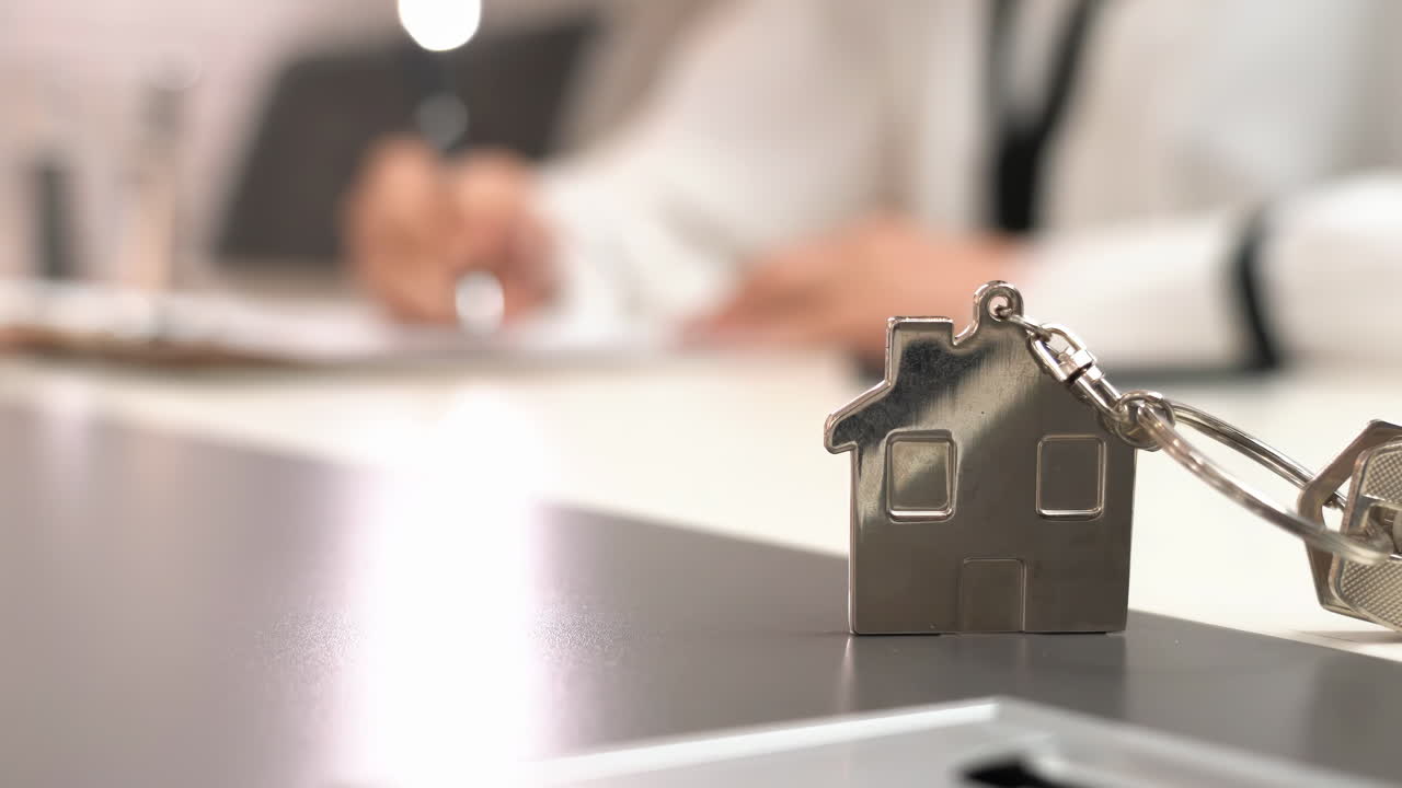 Real estate agent or property realtor giving key apartment to new owner, tenant signed rental, lease contract with buyer with landlord, realtor house. Banker agreement mortgage loan, property lease