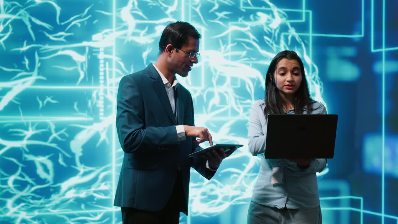 Coworkers using AI neural networks modeled after human brain, brainstorming