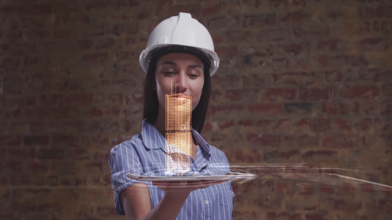 animación de un modelo interactivo en 3d de la ciudad girando sobre una tableta sostenida por una arquitecta