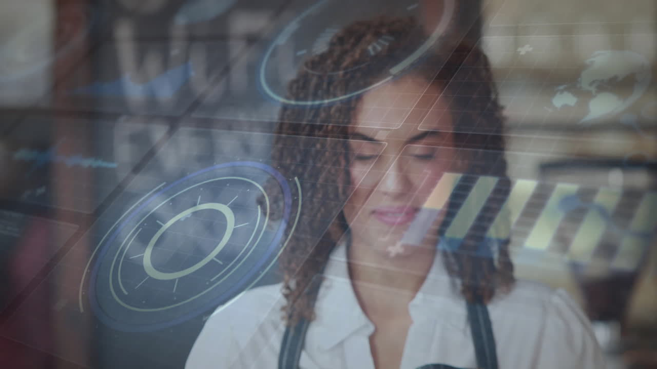 Female barista presenting technology interface in cafe, displaying circular dials and diagrams