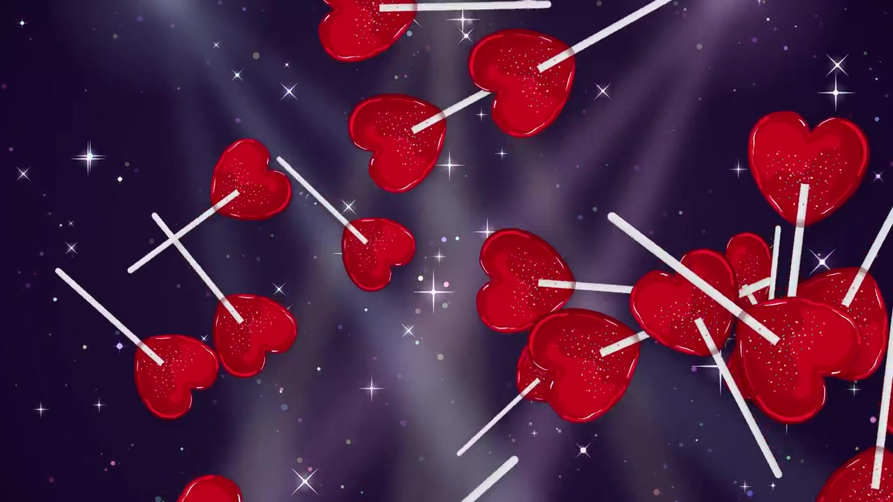 Lecca-lecca a forma di cuore rosso cadono attraverso uno spazio viola scuro con stelle scintillanti e raggi di luce