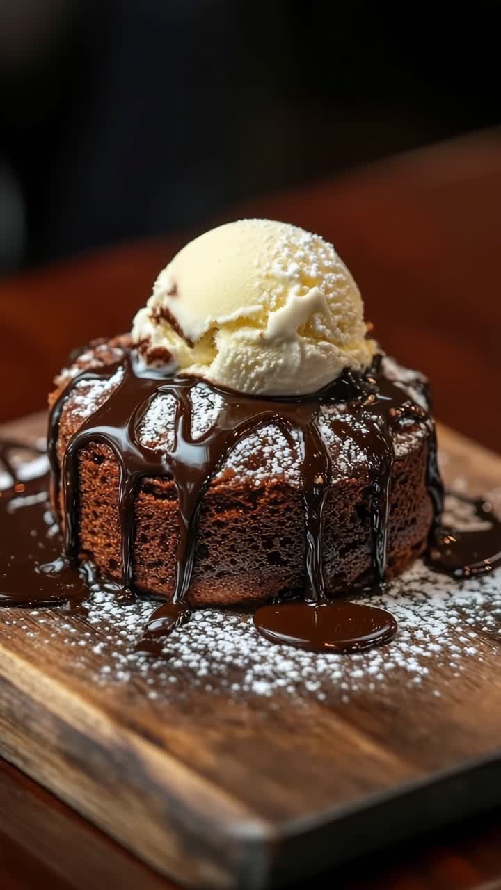 Video ravvicinato di una torta al cioccolato fondente con cuore morbido guarnita con gelato alla vaniglia