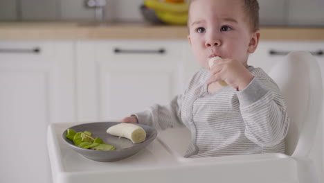 Lindo-Bebé-Comiendo-Plátano-Sentado-En-Una-Silla-Alta-En-La-Cocina