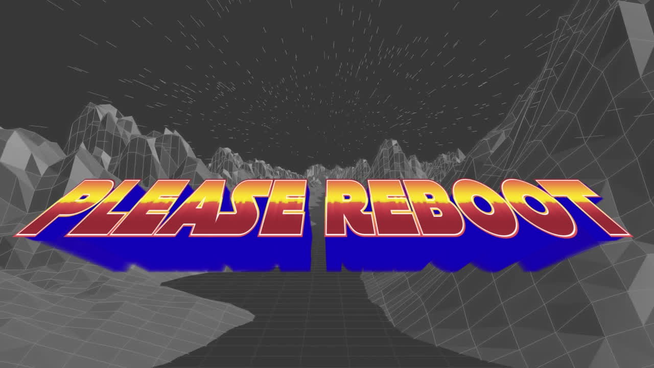 블랙 배경의 메타버스 위에 please reboot 텍스트의 애니메이션