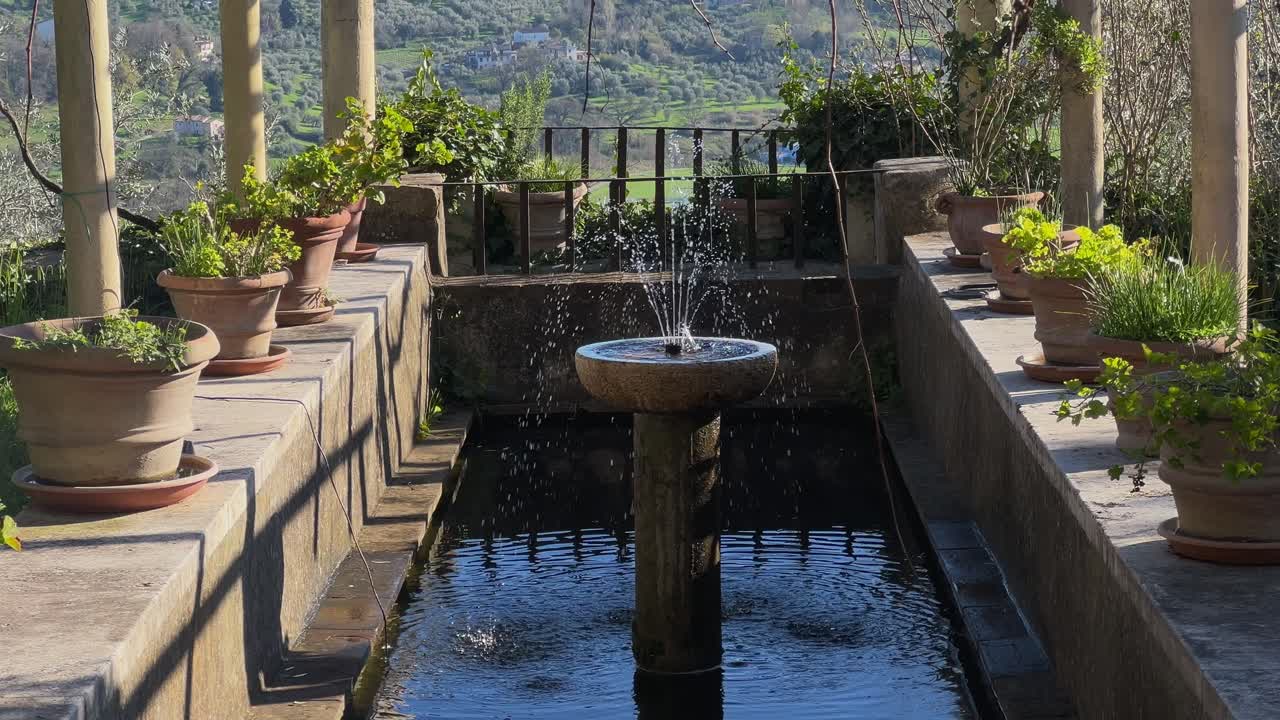 Close-up of water spouting from a small stone fountain in a historic basin, surrounded by potted plants in a tranquil garden. Amelia, Umbria, Italy