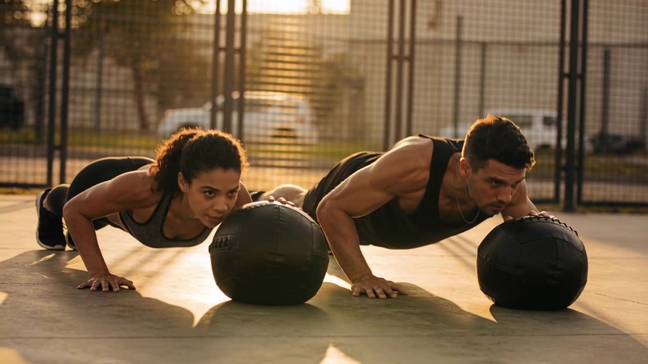 Duo in canottiere che inizia il plank, eseguendo tocchi alternati su palle mediche durante un allenamento su campo recintato.