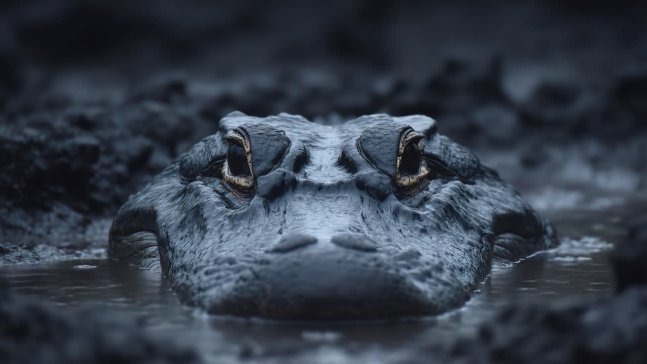 A Majestic Close-Up of a Mysterious Alligator Head Emerging from the Waters, Capturing Intricate Details and Powerful Presence in Its Natural Habitat