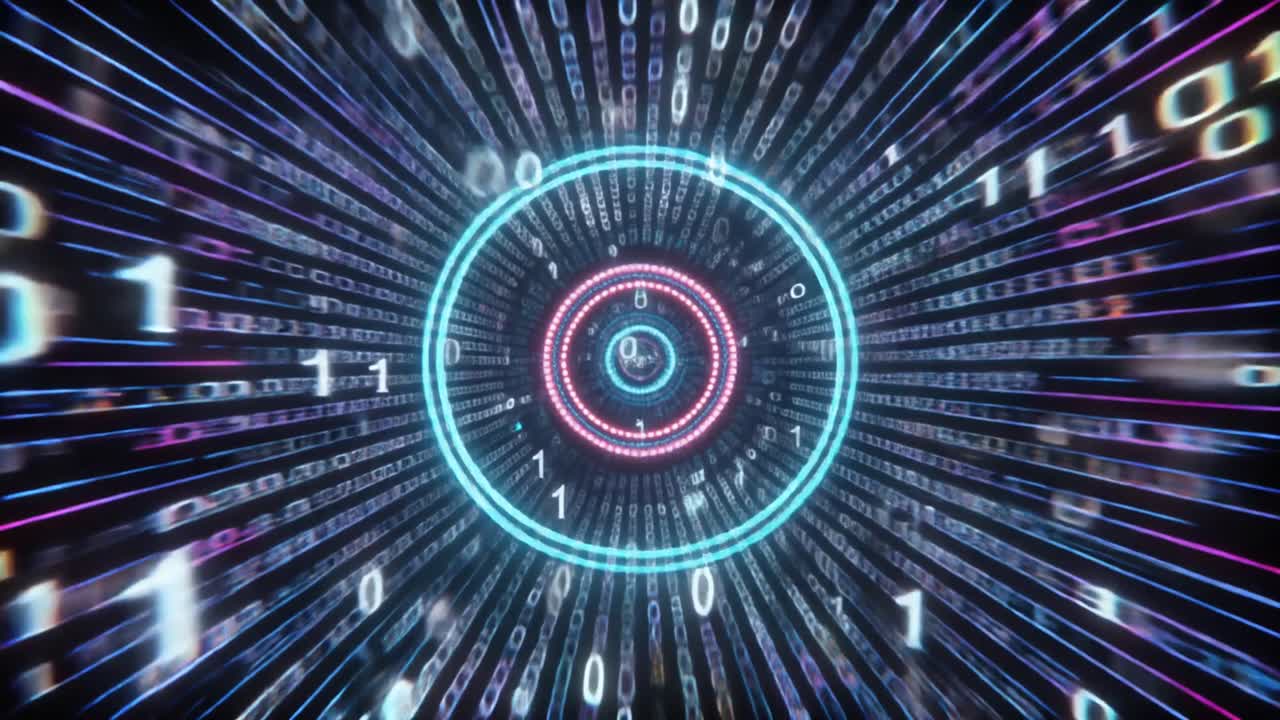Abstract Digital Tunnel of Binary Code with Glowing Circles