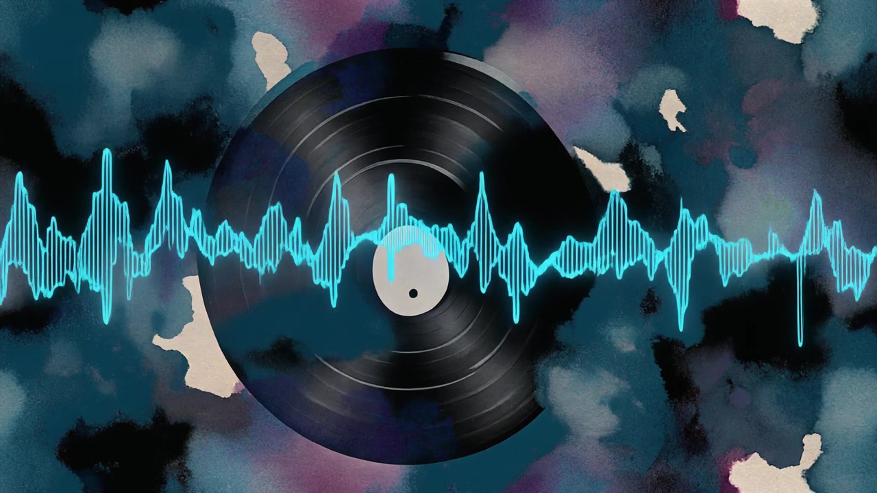 Forma d'onda audio luminosa sovrapposta a un disco in vinile vintage
