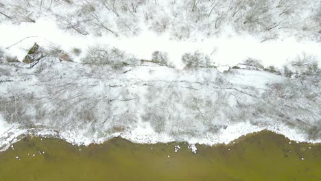 aerial top down view of winter tabasalu cliff bank shoreline, estonia. drone moves along snow covered coastline. steep face of cliff directly interacts with the calm sea, ocean. cinematic drone shot