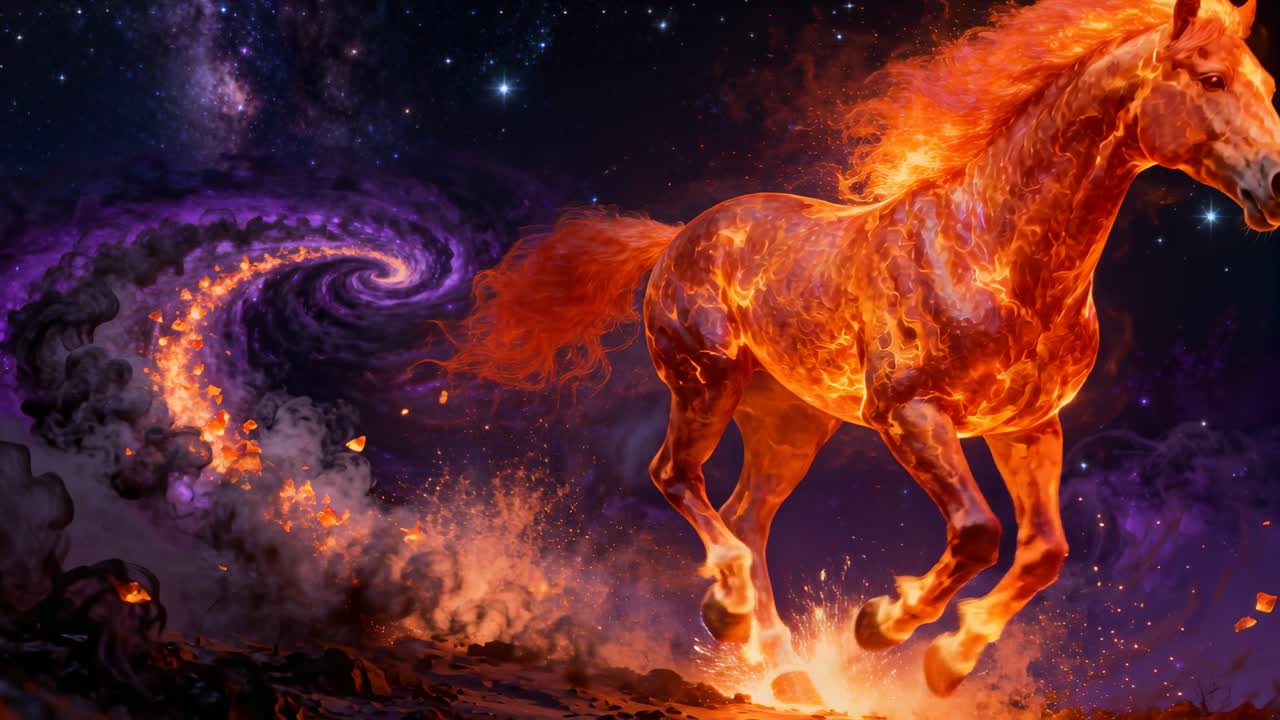 Galloping mythical flaming horse fleeing nebula emitting smoke across cosmic plain, with embers
