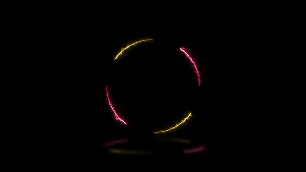 분홍색과 노란색의 에너지 조명은 반사와 함께 어두운 배경에 둥근 모양입니다.