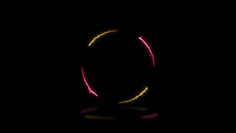 luces de energía rosadas y amarillas de forma redonda sobre un fondo oscuro con reflejos. bucle sin costuras diseño gráfico de movimiento de signo abstracto