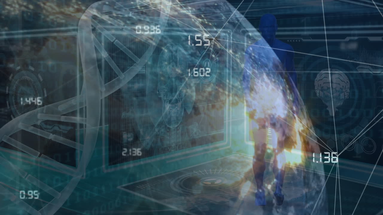 Animation of network of connections and dna strand with data processing over globe