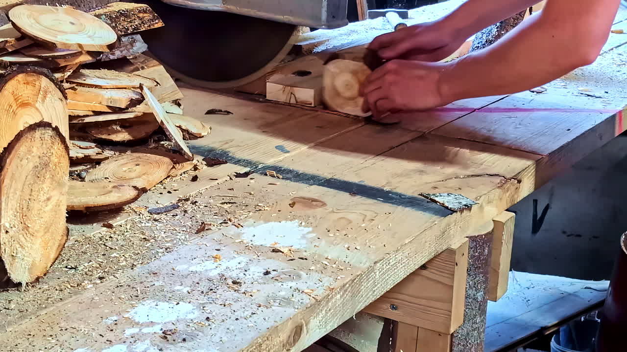 Sawdust and wooden slices on workbench as woodworker cuts trunk with circular saw