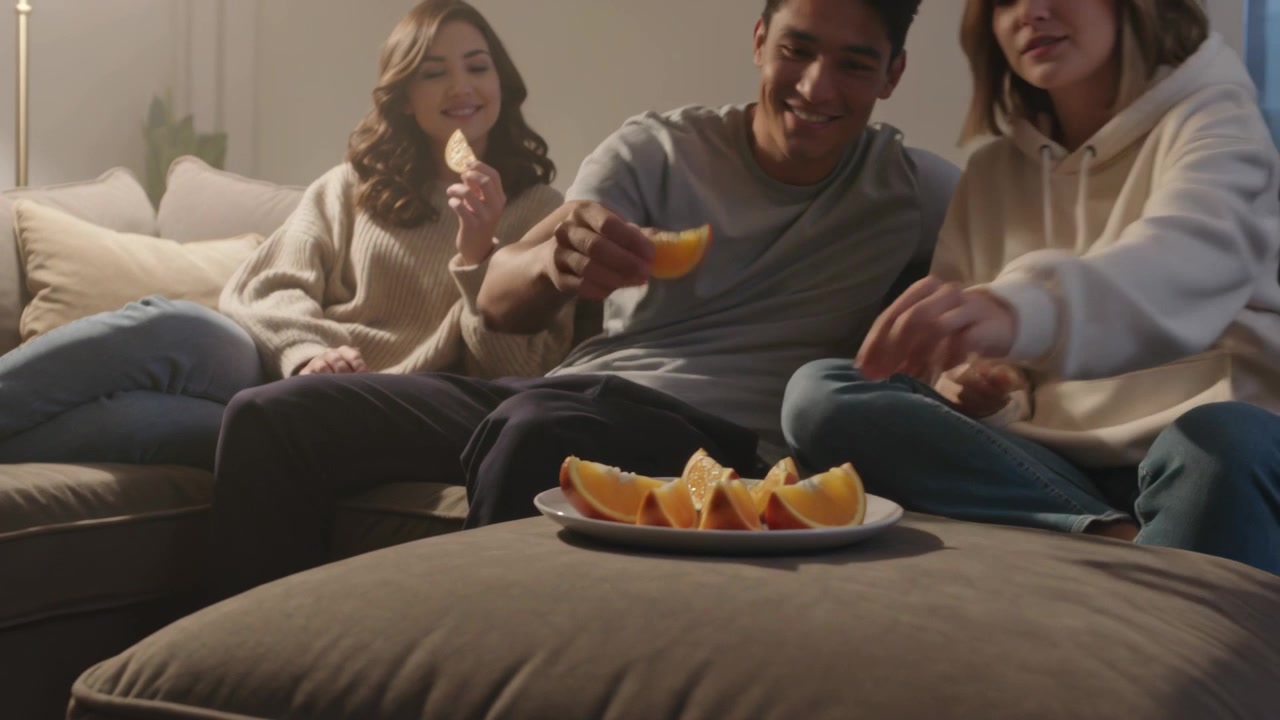 Notando il piatto, l'uomo al centro prende una fetta d'arancia sul divano, mentre gli amici condividono snack e sorridono.