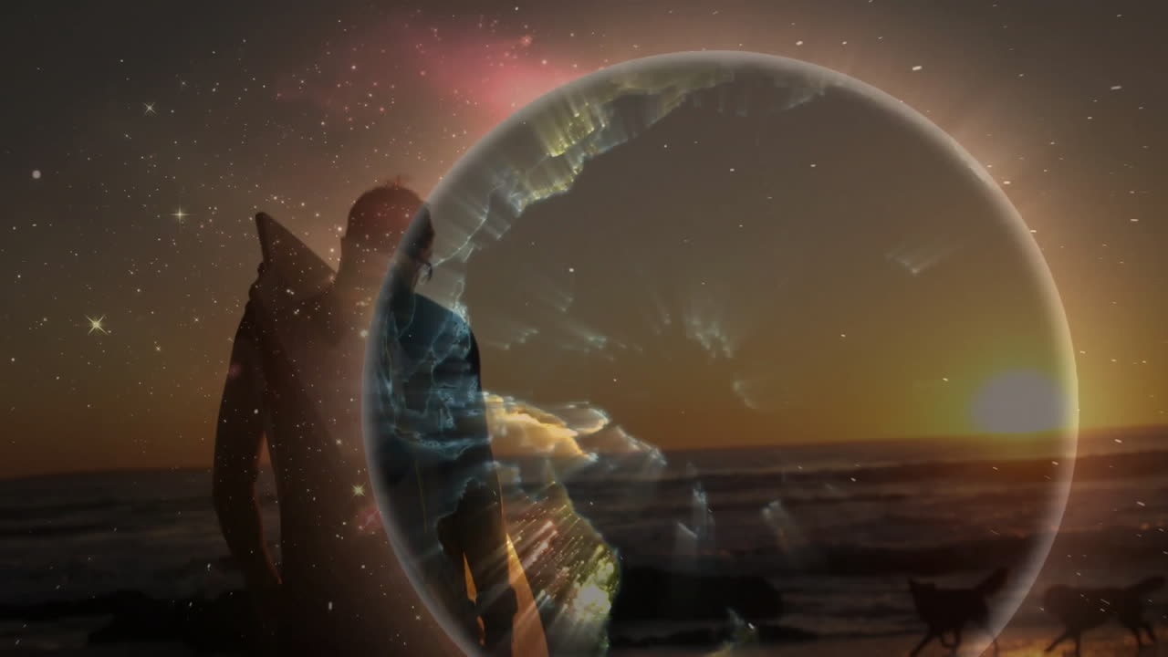 man standing on shoreline holding surfboard, featuring cosmic sphere overlay for tech marketing