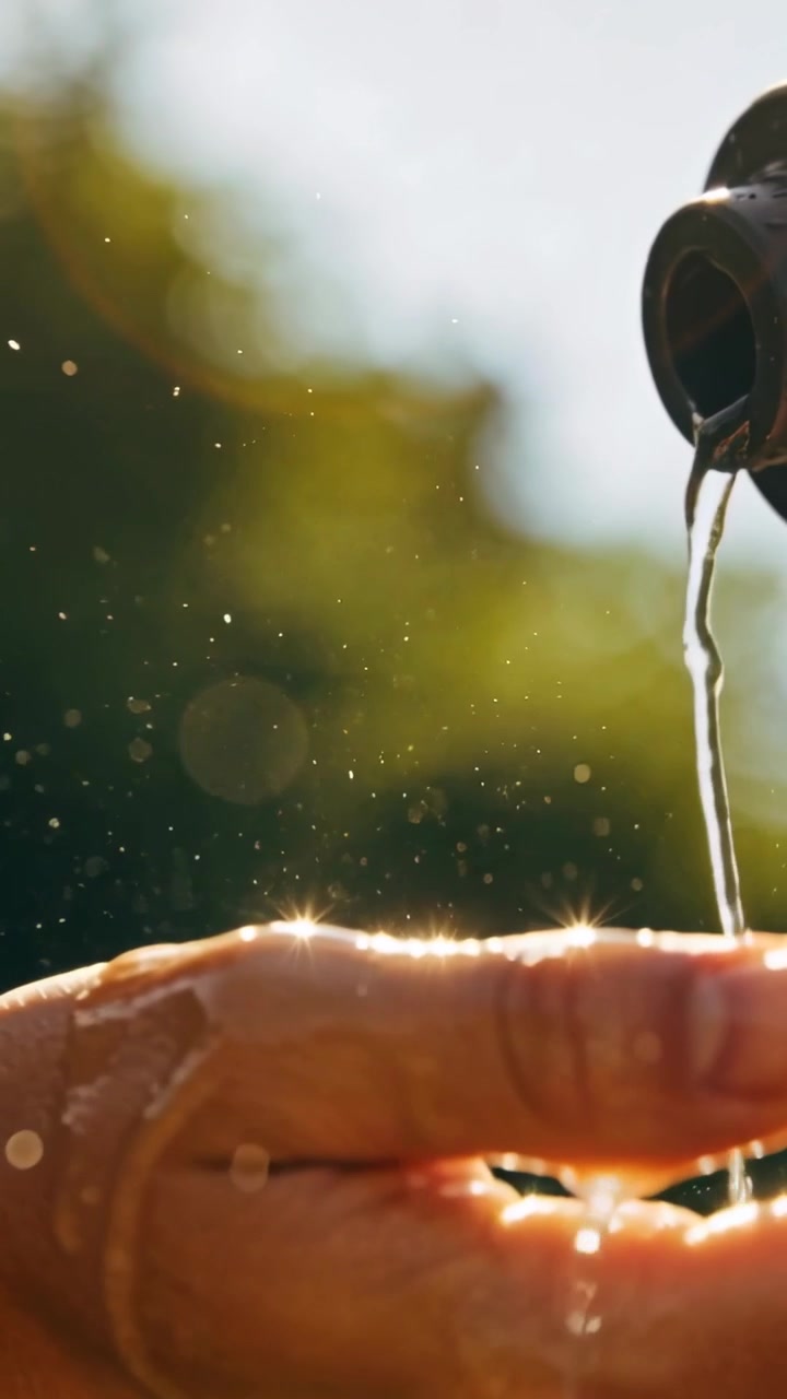 Video verticale: Mano nuda che raccoglie l'acqua da un getto dopo il flusso dell'ugello al parco, con goccioline.