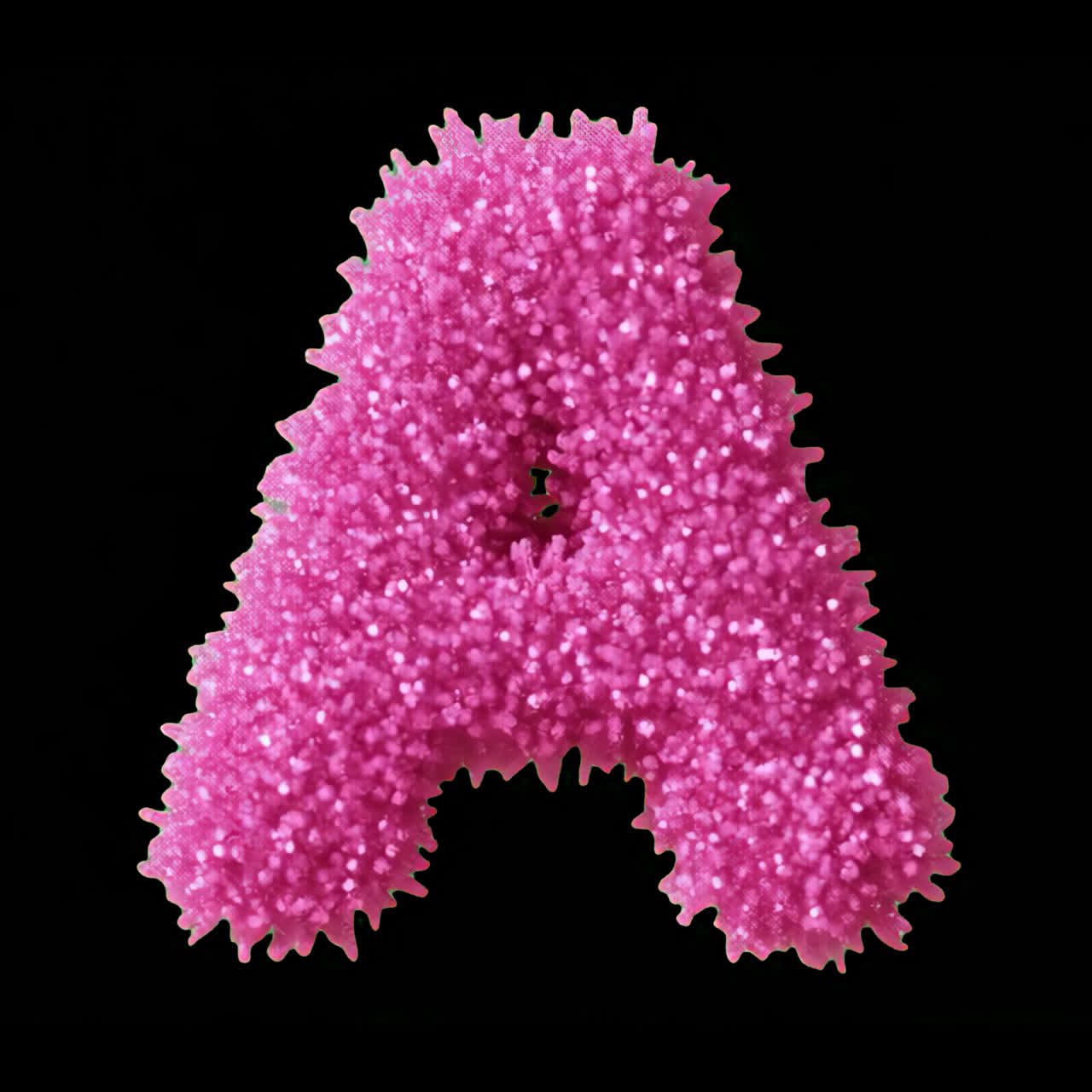 Rosa texturierte Buchstabe-A-Animation, isoliertes Element, transparentes 4K-Video, Alphakanal, ProRes 4444.