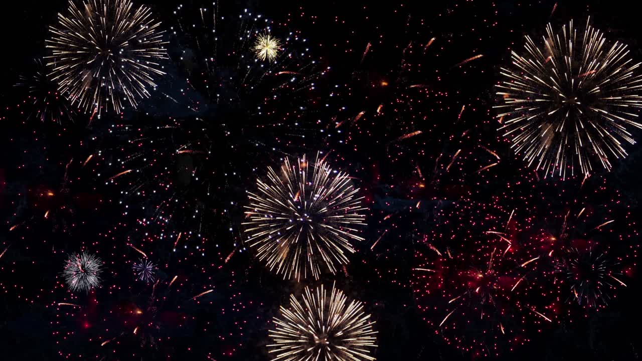 Vídeo en 4K de fuegos artificiales de Nochevieja con explosiones en el cielo nocturno en bucle sin interrupciones para cumpleaños