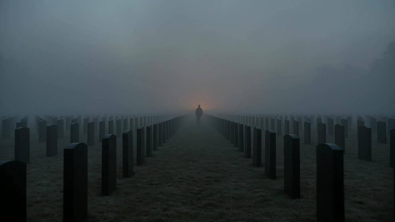 Figura solitaria ammantata che cammina lungo un sentiero centrale tra le tombe nella nebbia, un caldo bagliore che attira in avanti