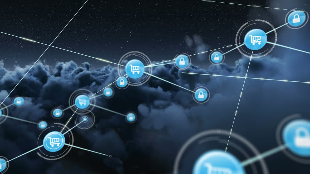 Animation of networks of connections with icons over sky