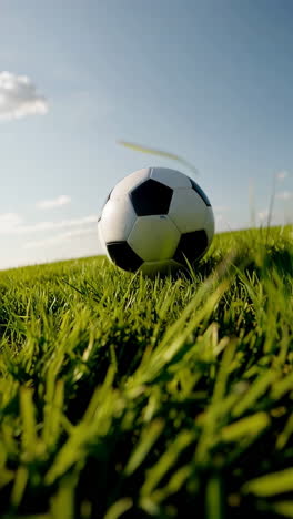soccer ball on a grassy field under a clear sky